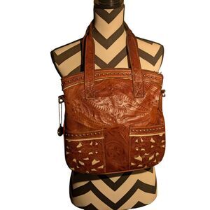 American West Tooled Leather Tote Bag - Floral Design - Brown with Silver Studs
